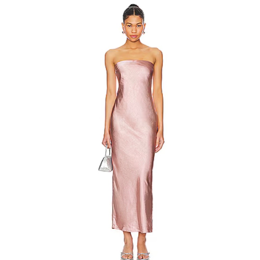 More To Come  Emma Dusty Rose Strapless Satin Maxi Dress Shimmer Column Gown